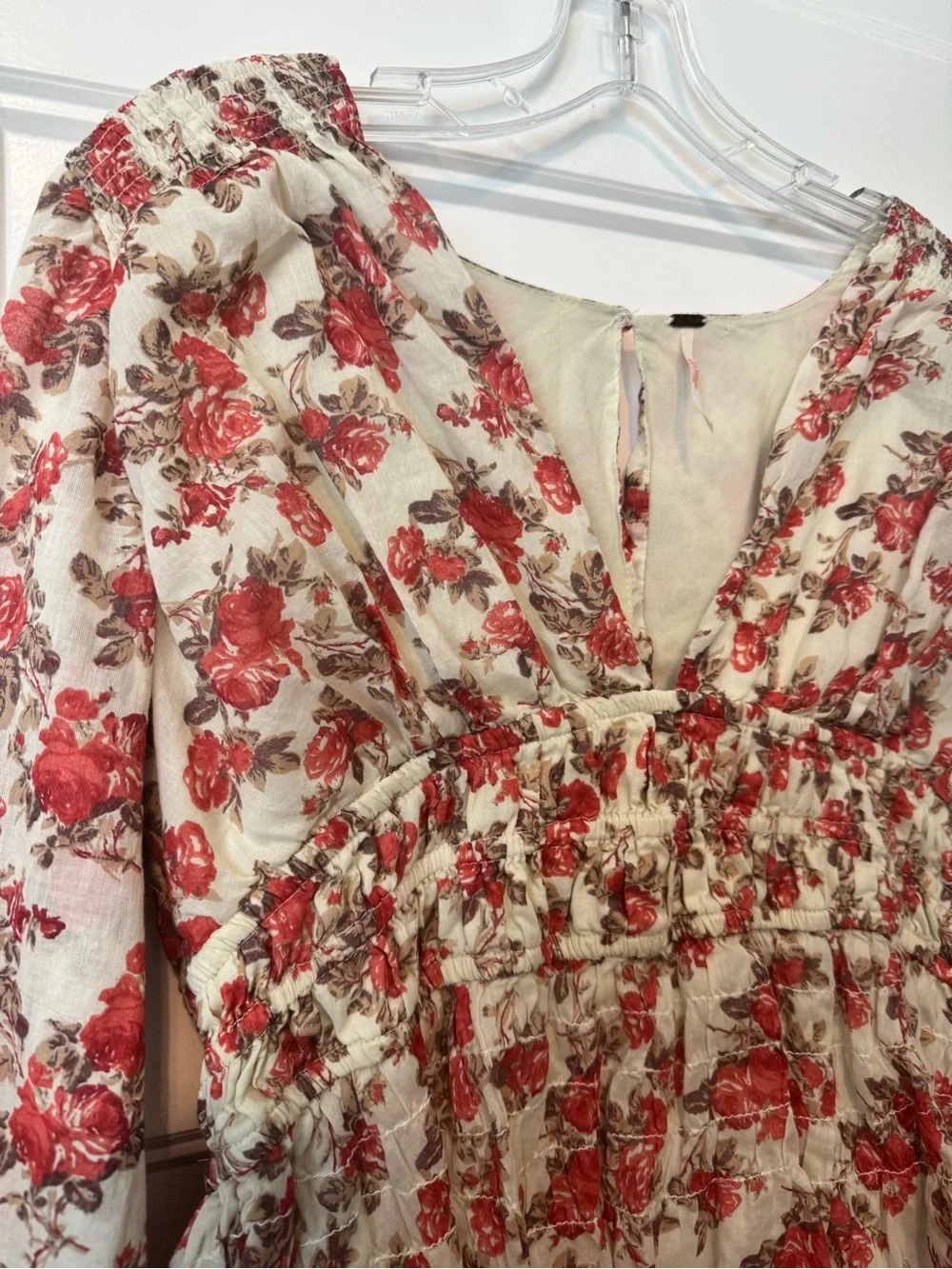Free People Keep You Floral Smocked Empire Waist Mini Dress Bell Sleeve Boho M